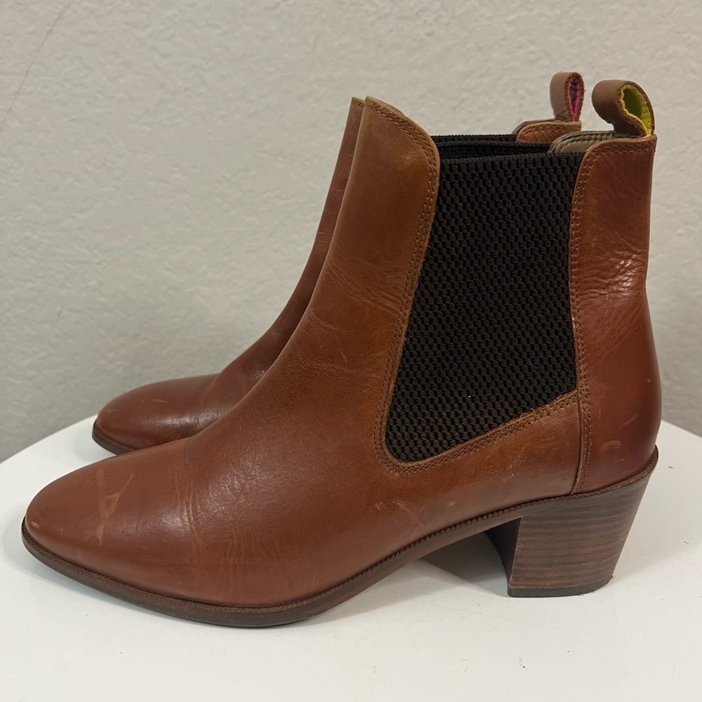 Joules Hartford Chelsea Boot Brown Leather Stacked Heel Pull On Women's 10